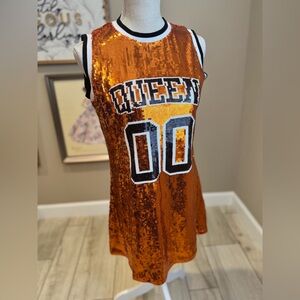 New! QUEEN OF SPARKLES Orange and Black Full Sequin Dress